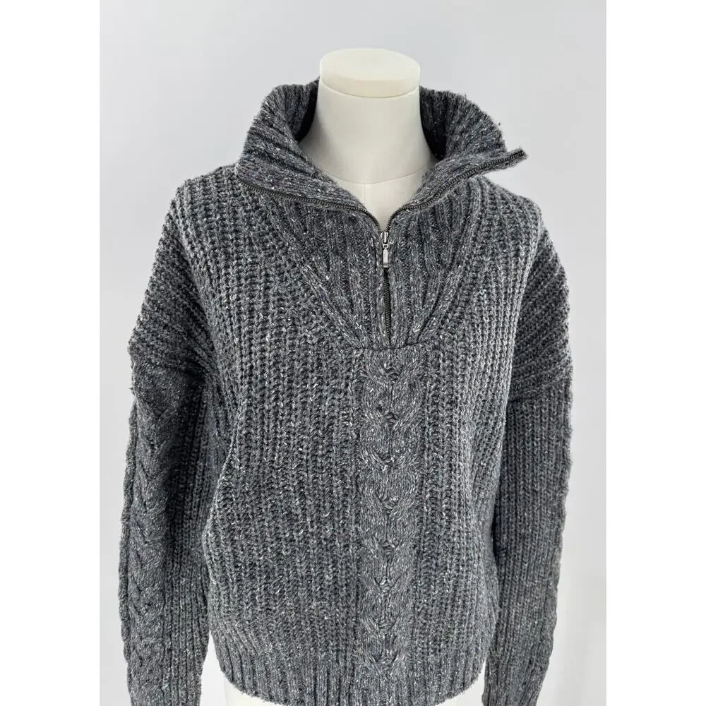 PrAna Womens Gray Cableknit Sweater Wool Blend Mock Neck 1/4 Zip M Cabincore - Picture 4 of 11
